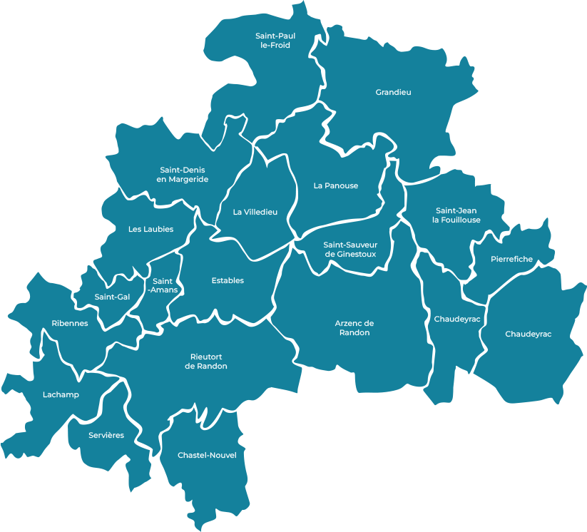 Carte illustrant les communes de la Communaut&eacute; de communes Randon-Margeride. Les limites territoriales des communes sont repr&eacute;sent&eacute;es en blanc sur fond bleu. Les communes visibles sont : Arzenc-de-Randon, Chastel-Nouvel, Chaudeyrac, Estables, Grandrieu, Lachamp, La Panouse, La Villedieu, Les Laubies, Pierrefiche, Ribennes, Rieutort-de-Randon, Saint-Alban-sur-Limagnole, Saint-Arcons-de-Randon, Saint-Denis-en-Margeride, Saint-Gal, Saint-Jean-la-Fouillouse, Saint-Paul-le-Froid, Saint-Sauveur-de-Ginestoux et Servi&egrave;res. Un bouton &laquo; D&eacute;couvrir les communes &raquo; est affich&eacute; sous la carte.